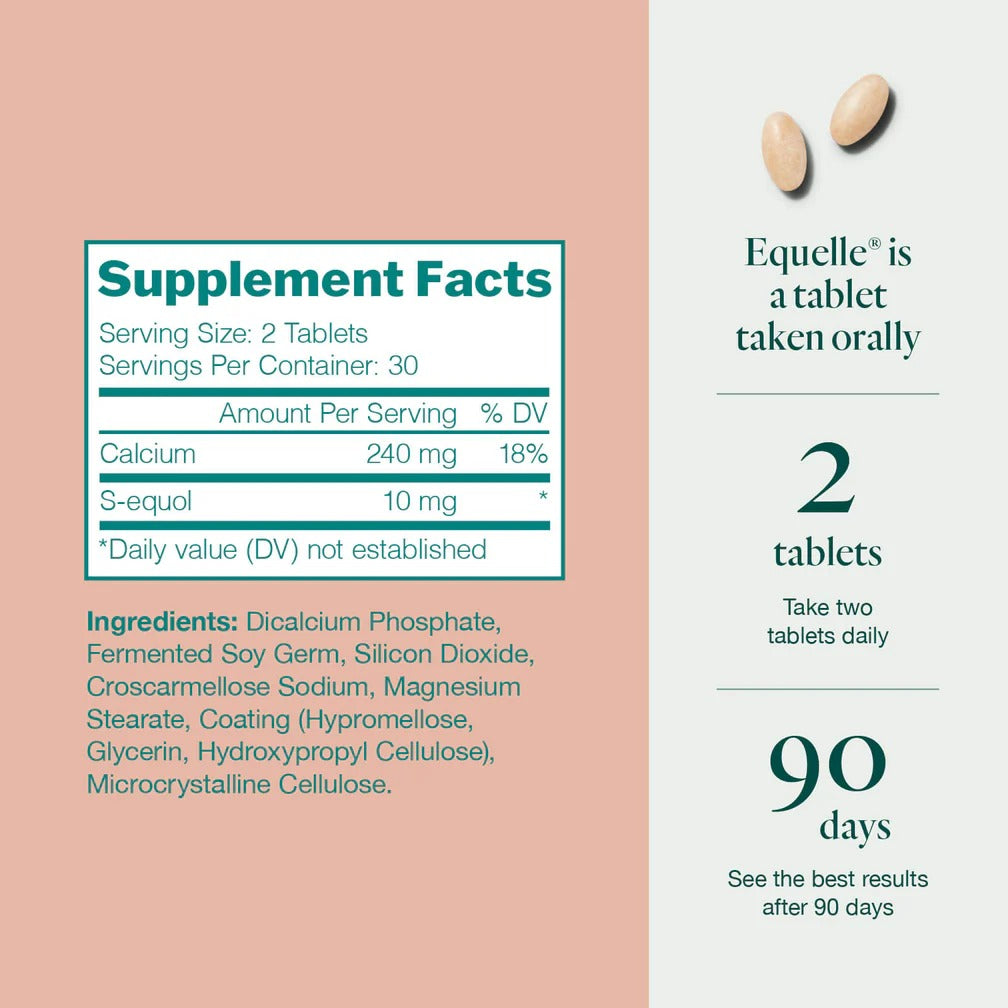 Equelle Multi-Symptom Menopause Relief Supplement for Women, Plant-Based S-Equol, Non-Hormonal & Non-Prescription, Fewer Hot Flashes, More Sleep, Relieves Muscle Aches, 60 Tablets